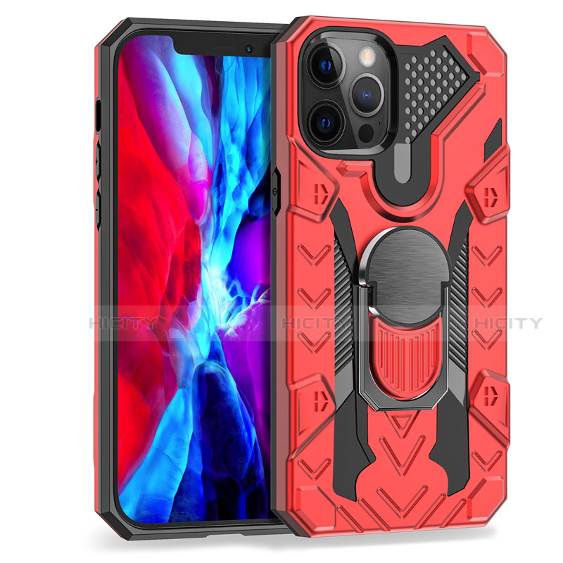 Custodia Silicone e Plastica Opaca Cover con Magnetico Anello Supporto S07 per Apple iPhone 12 Pro Max Rosso