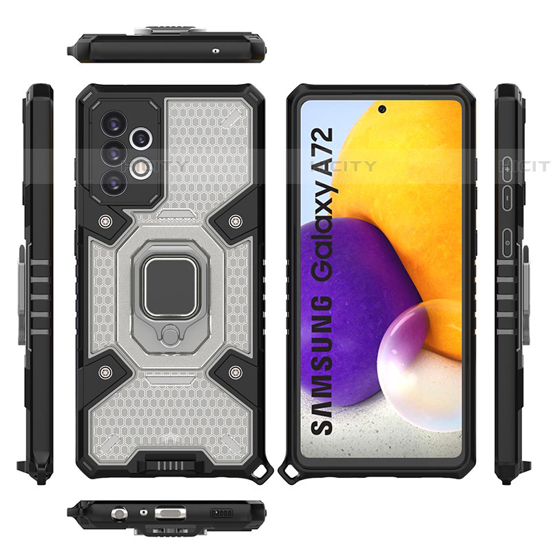 Custodia Silicone e Plastica Opaca Cover con Magnetico Anello Supporto S07 per Samsung Galaxy A72 5G Nero