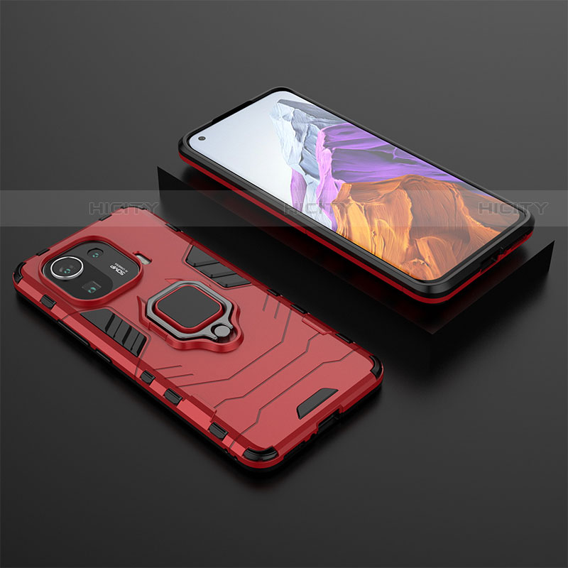 Custodia Silicone e Plastica Opaca Cover con Magnetico Anello Supporto S07 per Xiaomi Mi 11 Pro 5G Rosso