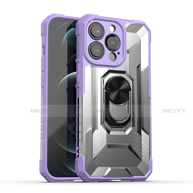 Custodia Silicone e Plastica Opaca Cover con Magnetico Anello Supporto S08 per Apple iPhone 13 Pro Viola