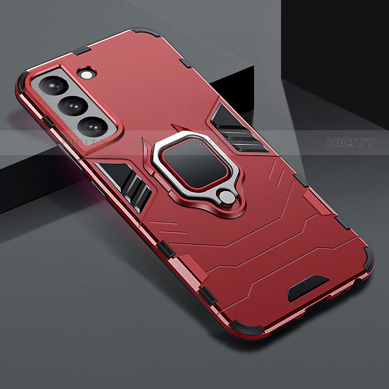 Custodia Silicone e Plastica Opaca Cover con Magnetico Anello Supporto S08 per Samsung Galaxy S21 FE 5G Rosso