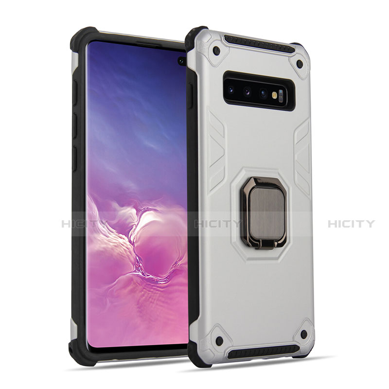 Custodia Silicone e Plastica Opaca Cover con Magnetico Anello Supporto T01 per Samsung Galaxy S10 Argento