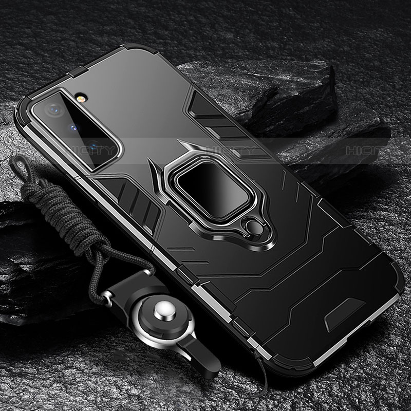 Custodia Silicone e Plastica Opaca Cover con Magnetico Anello Supporto T06 per Samsung Galaxy S22 5G Nero