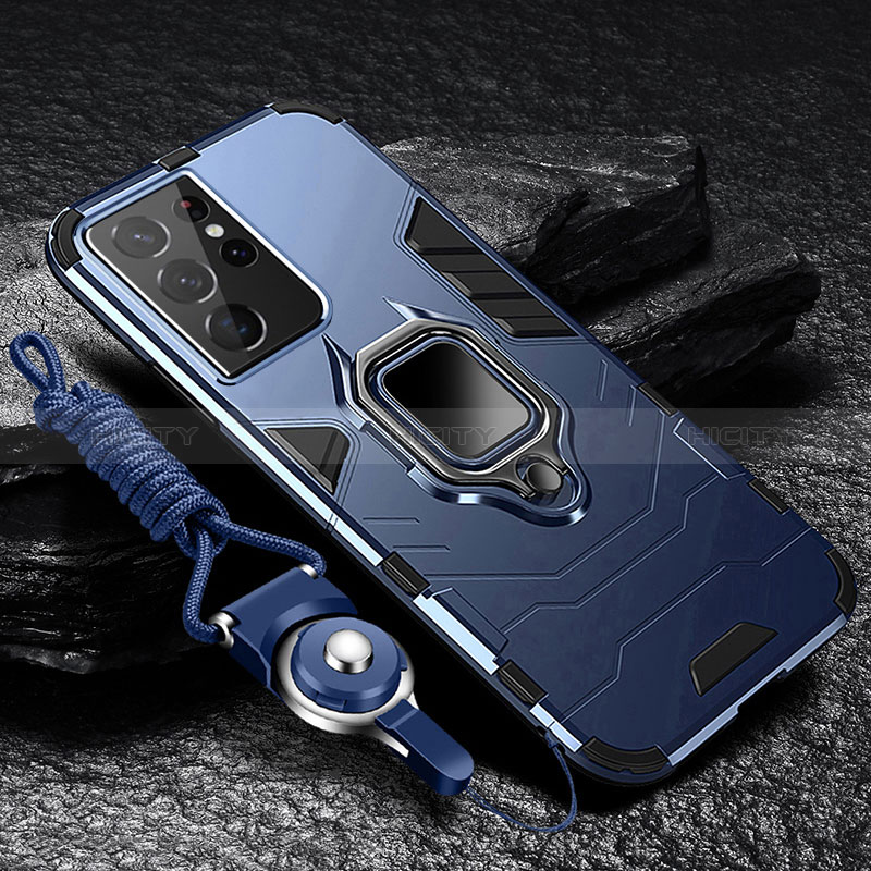 Custodia Silicone e Plastica Opaca Cover con Magnetico Anello Supporto T06 per Samsung Galaxy S25 Ultra 5G Blu