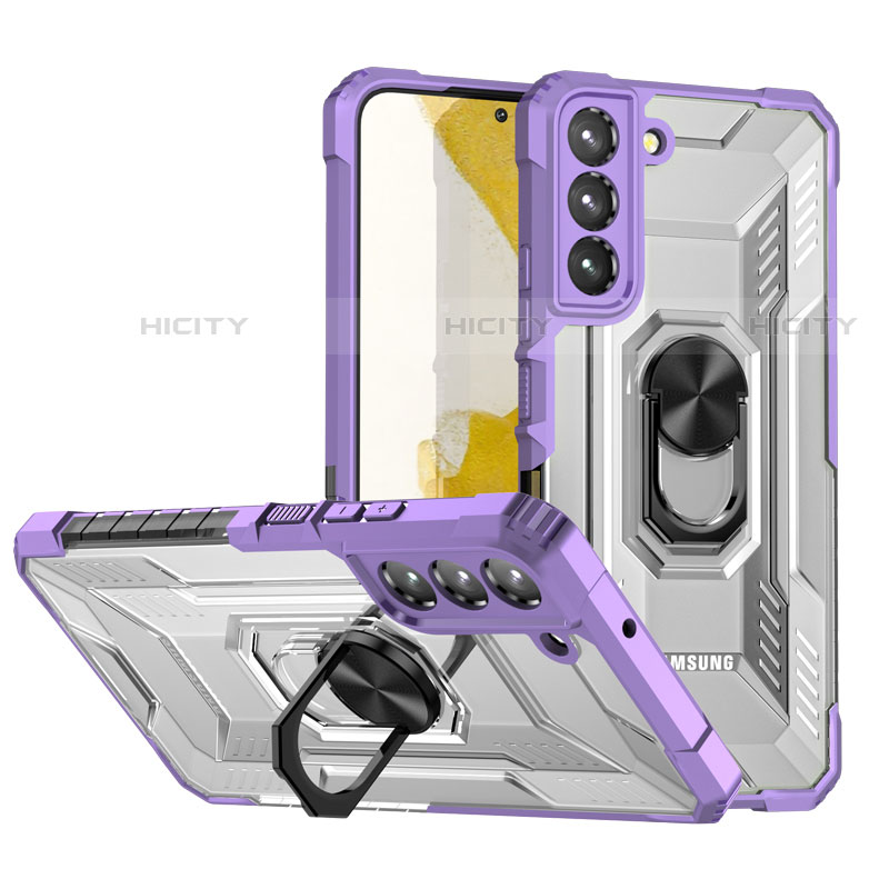 Custodia Silicone e Plastica Opaca Cover con Magnetico Anello Supporto T07 per Samsung Galaxy S22 5G Viola