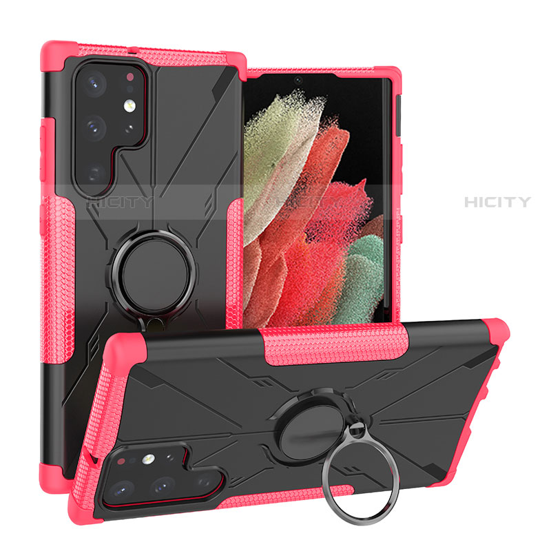 Custodia Silicone e Plastica Opaca Cover con Magnetico Anello Supporto T08 per Samsung Galaxy S21 Ultra 5G Rosa Caldo