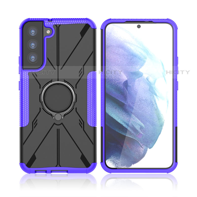 Custodia Silicone e Plastica Opaca Cover con Magnetico Anello Supporto T09 per Samsung Galaxy S21 5G Viola