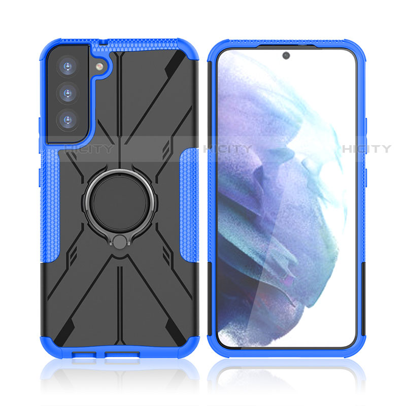 Custodia Silicone e Plastica Opaca Cover con Magnetico Anello Supporto T09 per Samsung Galaxy S22 5G Blu