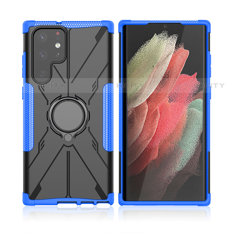 Custodia Silicone e Plastica Opaca Cover con Magnetico Anello Supporto T09 per Samsung Galaxy S23 Ultra 5G Blu