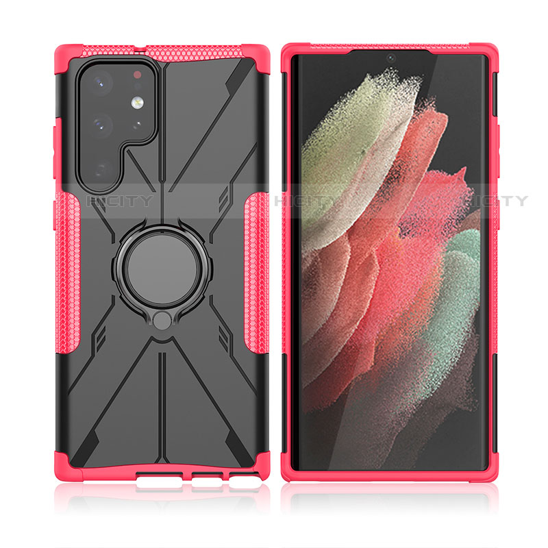 Custodia Silicone e Plastica Opaca Cover con Magnetico Anello Supporto T09 per Samsung Galaxy S23 Ultra 5G Rosa Caldo