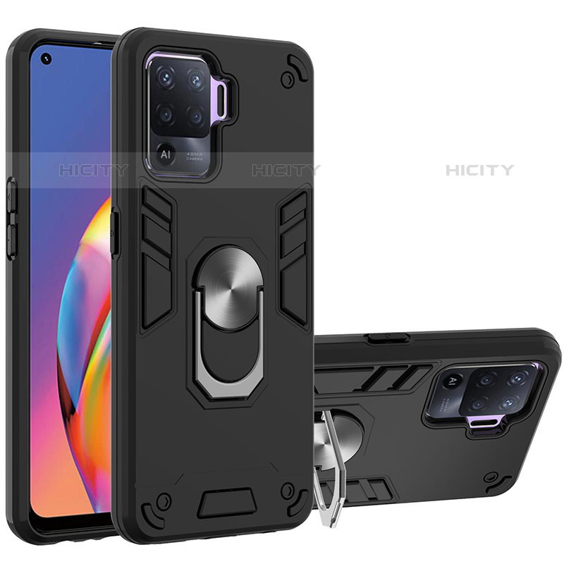 Custodia Silicone e Plastica Opaca Cover con Magnetico Anello Supporto Y01B per Oppo Reno5 Lite Nero