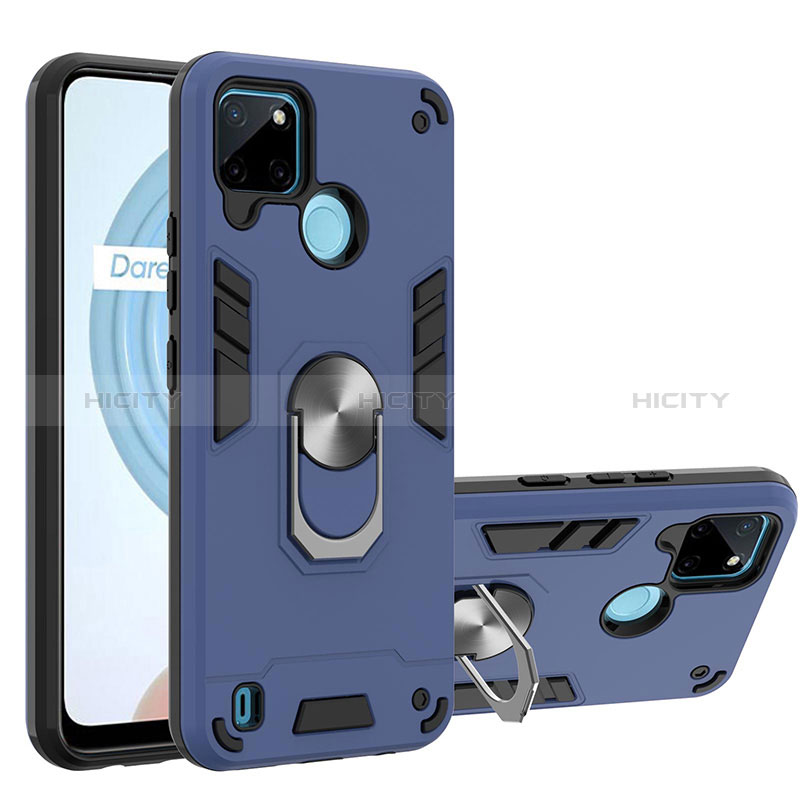 Custodia Silicone e Plastica Opaca Cover con Magnetico Anello Supporto Y01B per Realme C25Y India Blu