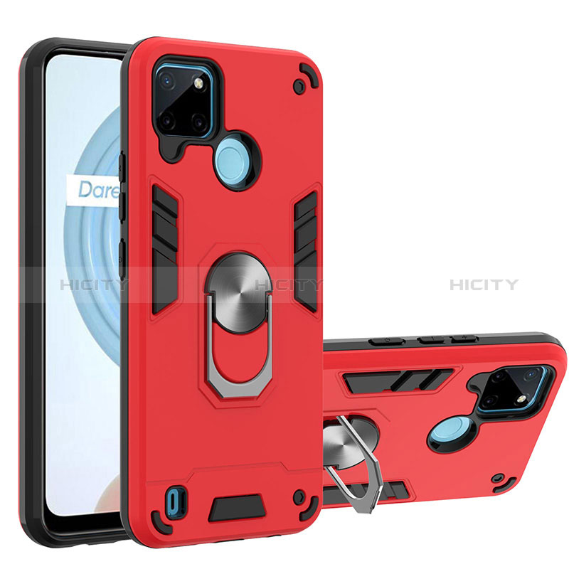 Custodia Silicone e Plastica Opaca Cover con Magnetico Anello Supporto Y01B per Realme C25Y Rosso