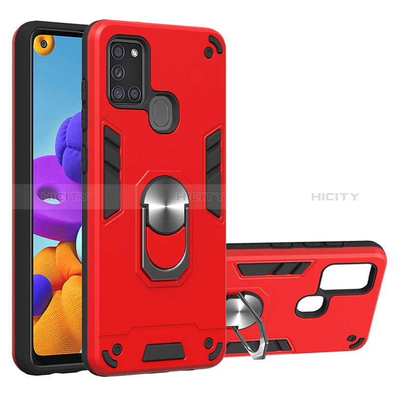 Custodia Silicone e Plastica Opaca Cover con Magnetico Anello Supporto Y01B per Samsung Galaxy A21s Rosso