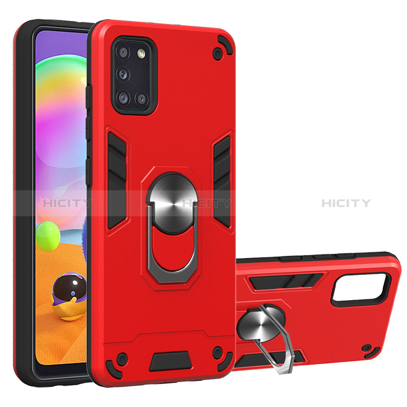 Custodia Silicone e Plastica Opaca Cover con Magnetico Anello Supporto Y01B per Samsung Galaxy A31 Rosso