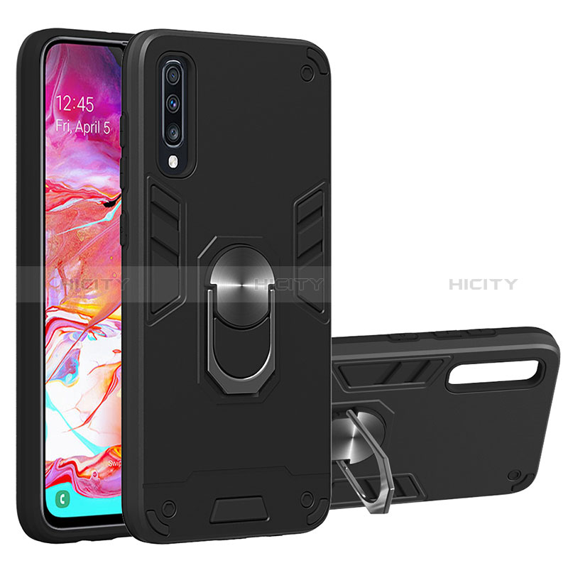 Custodia Silicone e Plastica Opaca Cover con Magnetico Anello Supporto Y01B per Samsung Galaxy A70 Nero