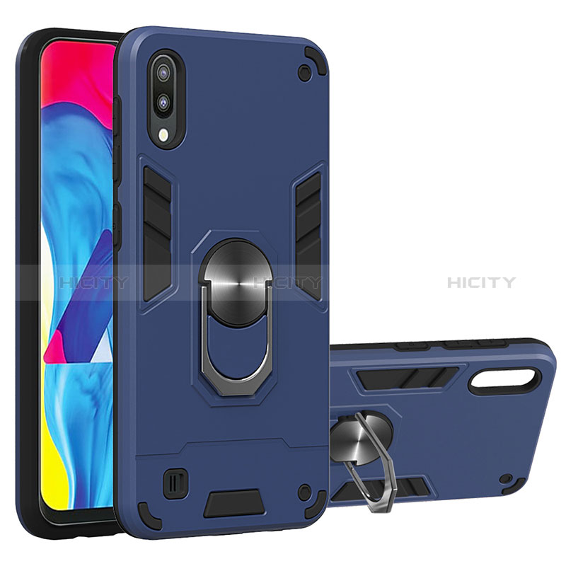 Custodia Silicone e Plastica Opaca Cover con Magnetico Anello Supporto Y01B per Samsung Galaxy M10 Blu