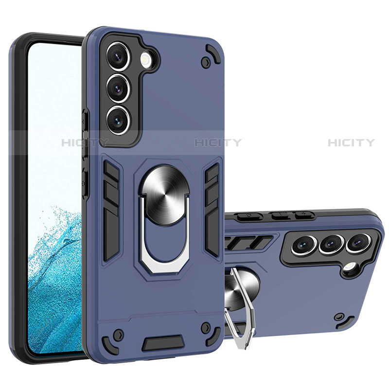 Custodia Silicone e Plastica Opaca Cover con Magnetico Anello Supporto Y01B per Samsung Galaxy S21 FE 5G Blu