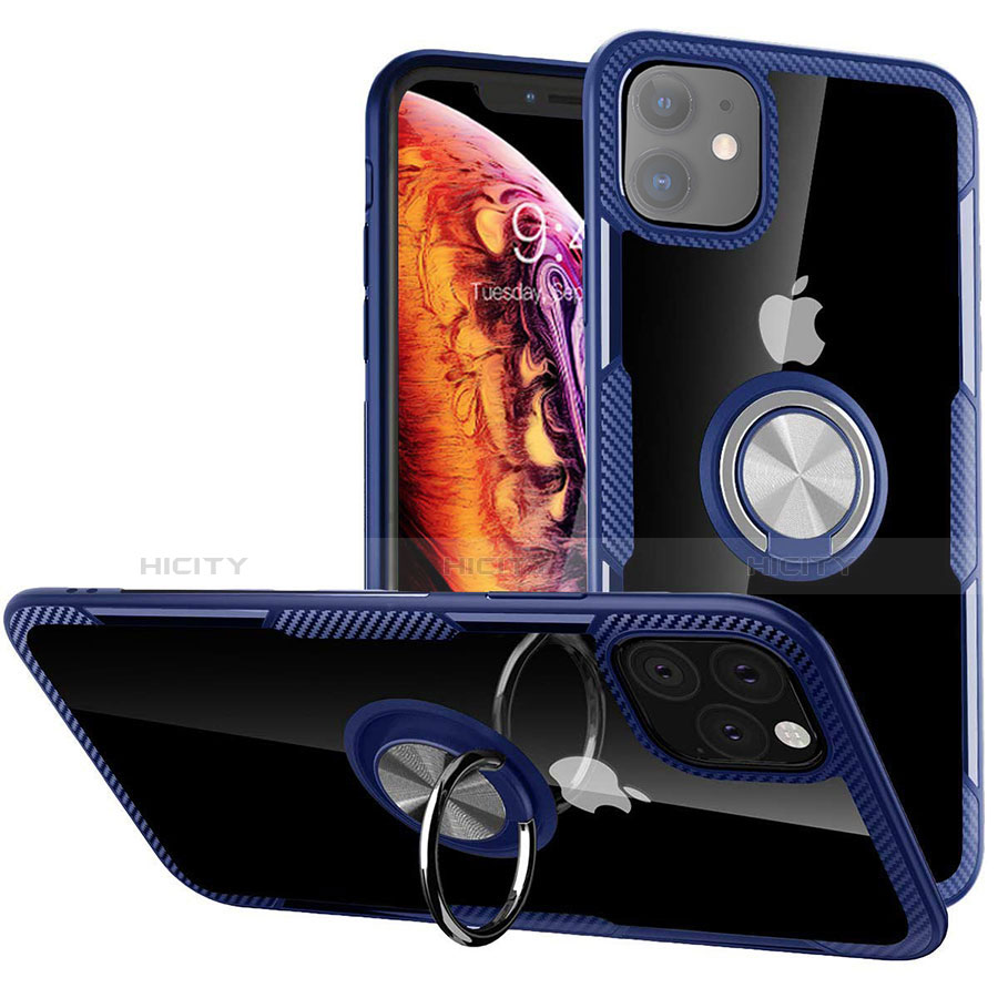 Custodia Silicone e Plastica Opaca Cover con Magnetico Anello Supporto Y02 per Apple iPhone 11 Blu