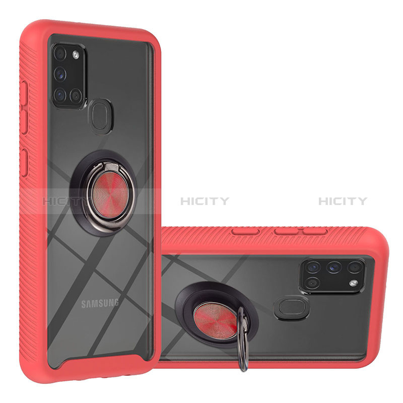 Custodia Silicone e Plastica Opaca Cover con Magnetico Anello Supporto YB1 per Samsung Galaxy A21s Rosso