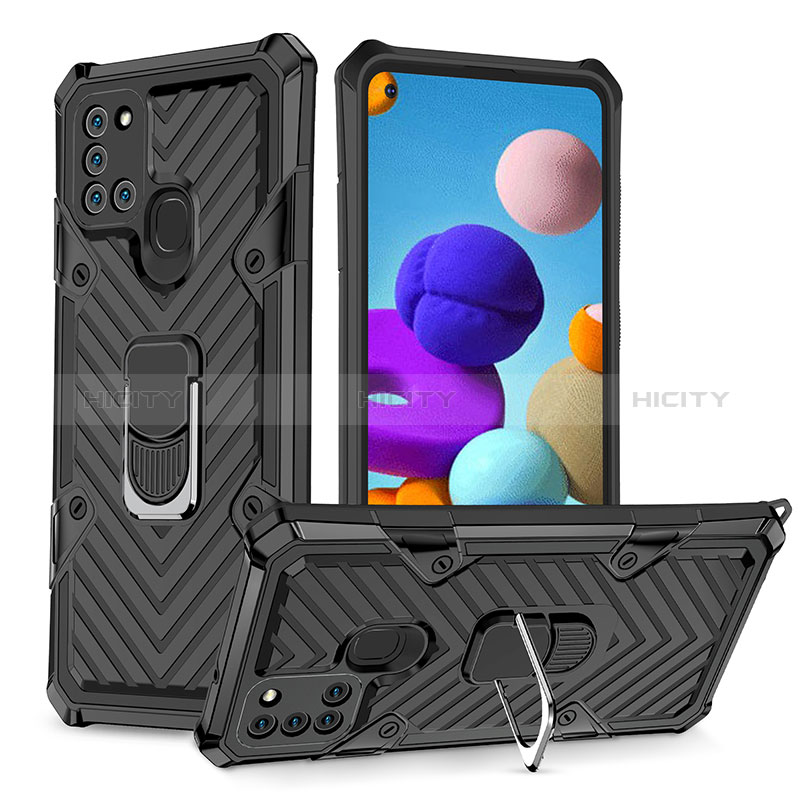 Custodia Silicone e Plastica Opaca Cover con Magnetico Anello Supporto YF1 per Samsung Galaxy A21s Nero