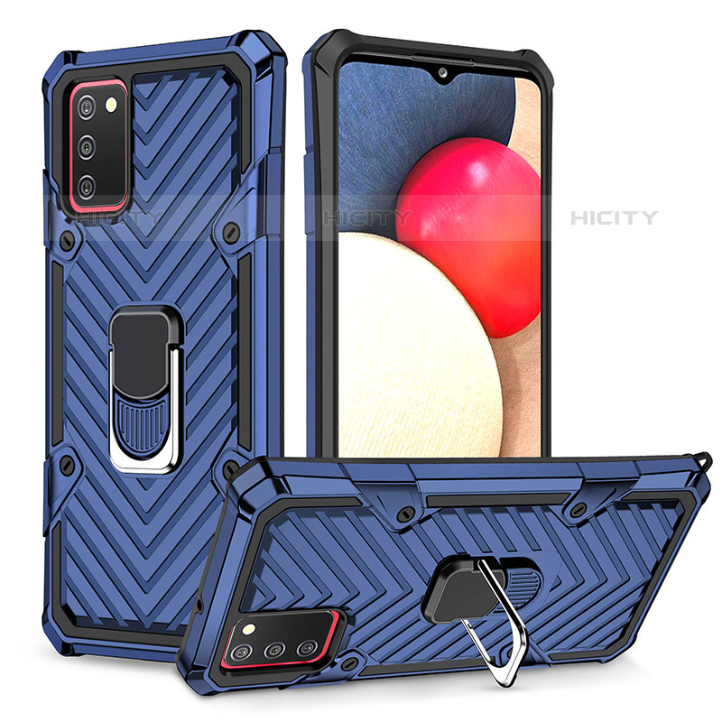 Custodia Silicone e Plastica Opaca Cover con Magnetico Anello Supporto YF1 per Samsung Galaxy M02s Blu