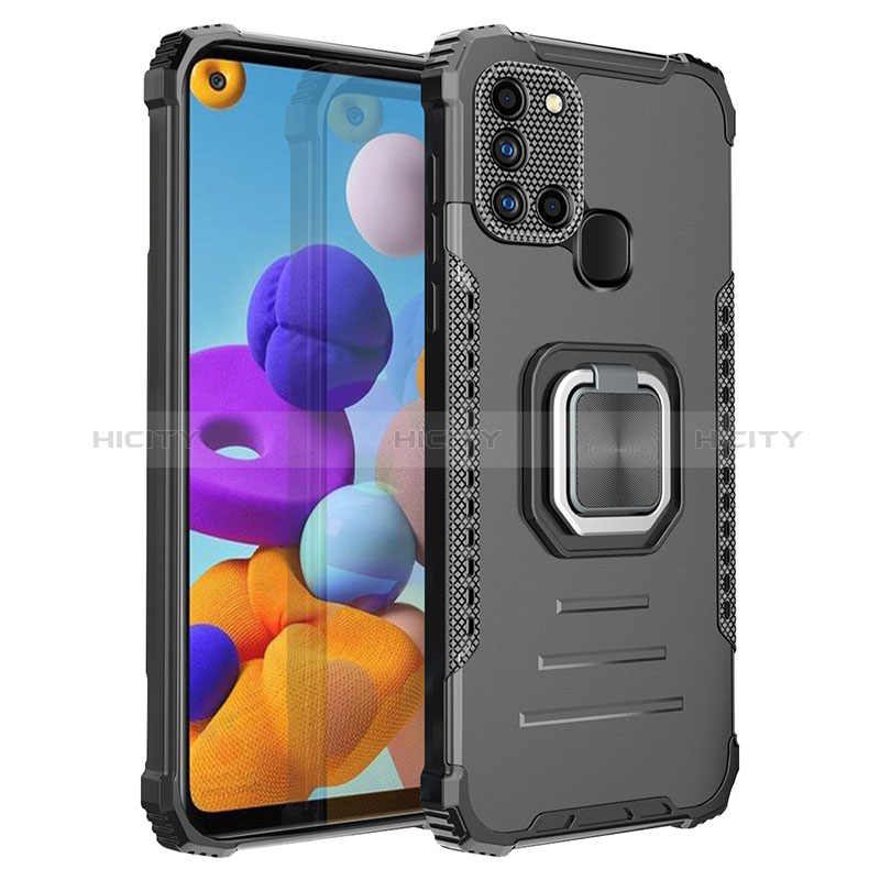 Custodia Silicone e Plastica Opaca Cover con Magnetico Anello Supporto ZJ2 per Samsung Galaxy A21s Nero