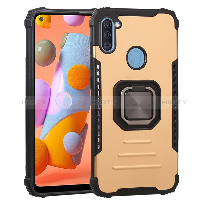 Custodia Silicone e Plastica Opaca Cover con Magnetico Anello Supporto ZJ2 per Samsung Galaxy M11 Oro