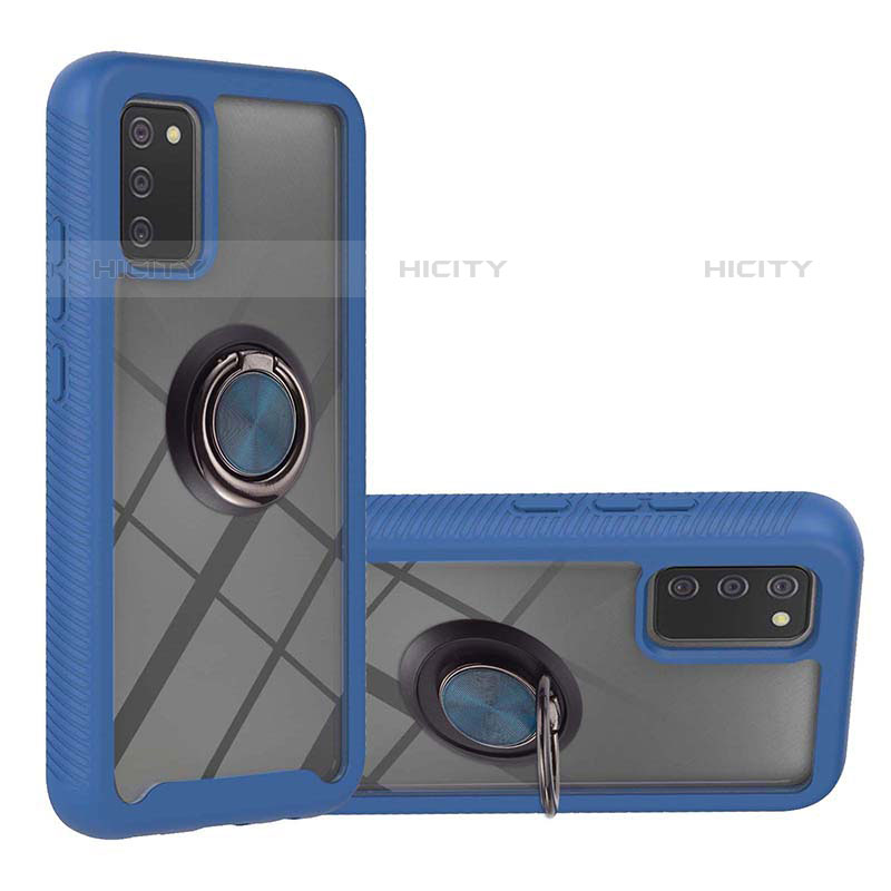 Custodia Silicone e Plastica Opaca Cover con Magnetico Anello Supporto ZJ5 per Samsung Galaxy M02s Blu