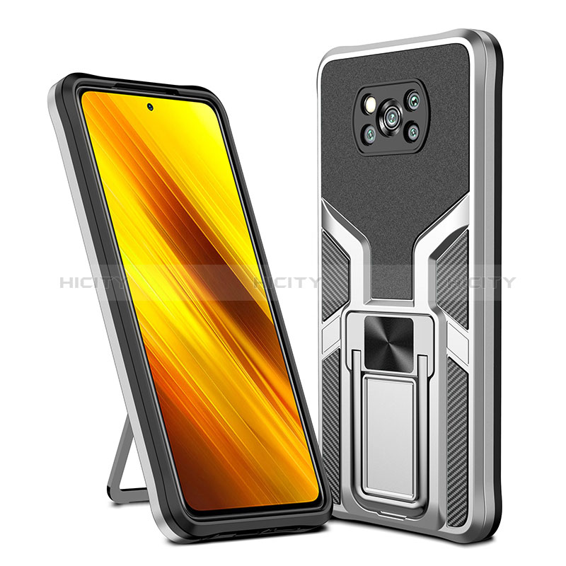 Custodia Silicone e Plastica Opaca Cover con Magnetico Anello Supporto ZL1 per Xiaomi Poco X3 Argento