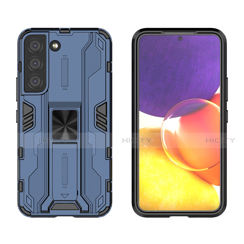 Custodia Silicone e Plastica Opaca Cover con Magnetico Supporto A03 per Samsung Galaxy S21 5G Blu
