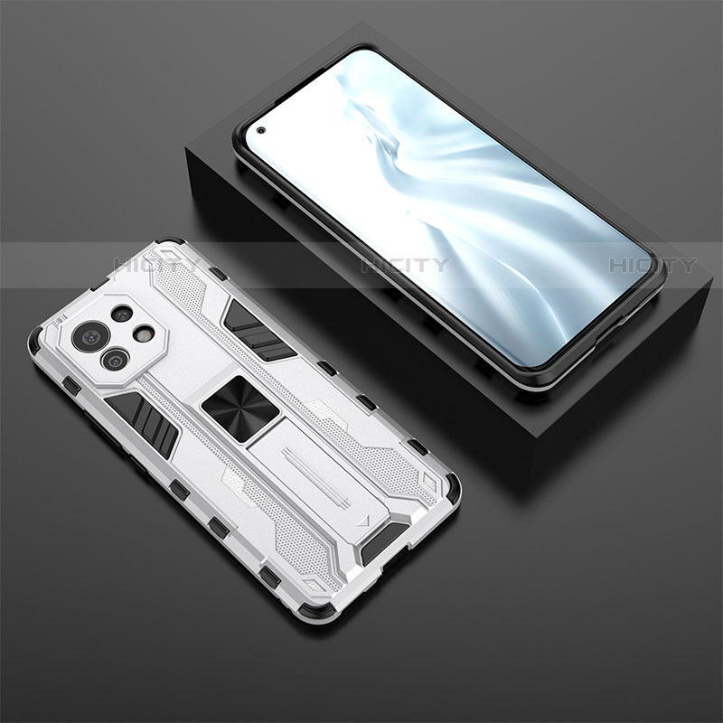Custodia Silicone e Plastica Opaca Cover con Magnetico Supporto H03 per Xiaomi Mi 11 Lite 5G NE Bianco