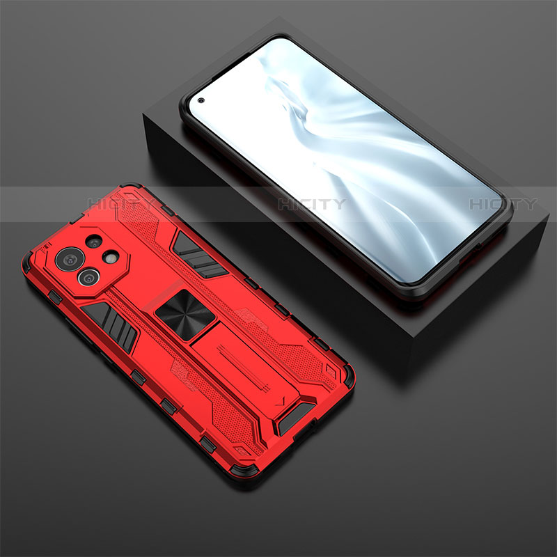 Custodia Silicone e Plastica Opaca Cover con Magnetico Supporto H03 per Xiaomi Mi 11 Lite 5G Rosso