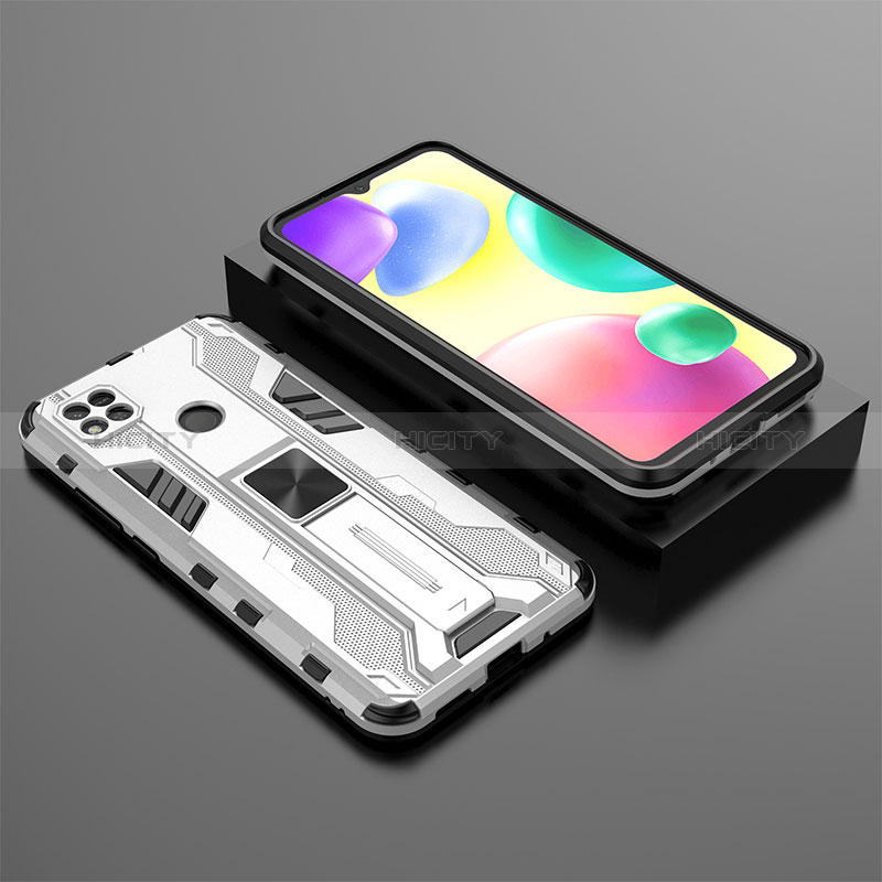 Custodia Silicone e Plastica Opaca Cover con Magnetico Supporto KC1 per Xiaomi POCO C3 Argento