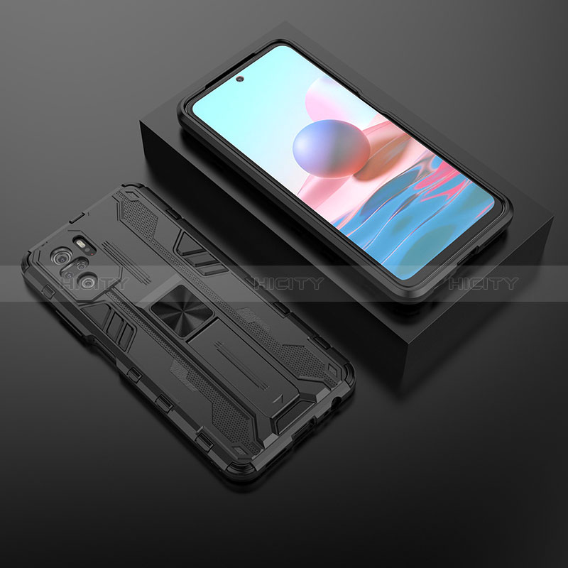 Custodia Silicone e Plastica Opaca Cover con Magnetico Supporto KC1 per Xiaomi Redmi Note 10 4G Nero