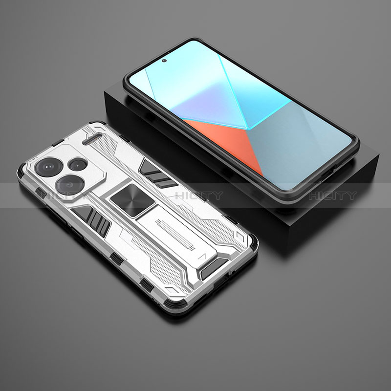 Custodia Silicone e Plastica Opaca Cover con Magnetico Supporto KC1 per Xiaomi Redmi Note 13 Pro+ Plus 5G Argento
