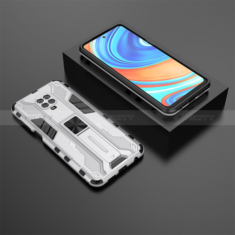 Custodia Silicone e Plastica Opaca Cover con Magnetico Supporto KC1 per Xiaomi Redmi Note 9S Argento