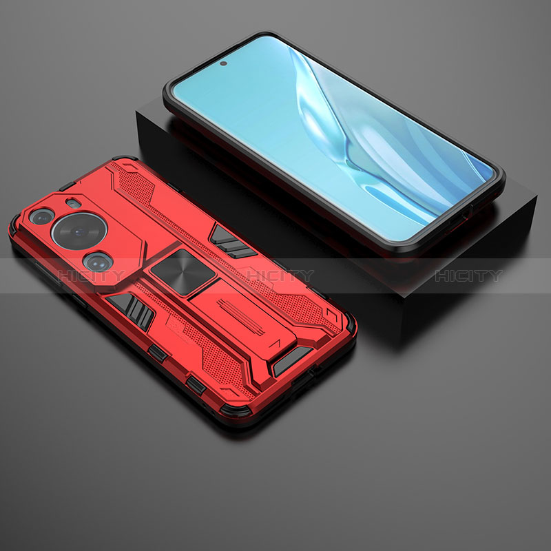 Custodia Silicone e Plastica Opaca Cover con Magnetico Supporto KC2 per Huawei P60 Art Rosso