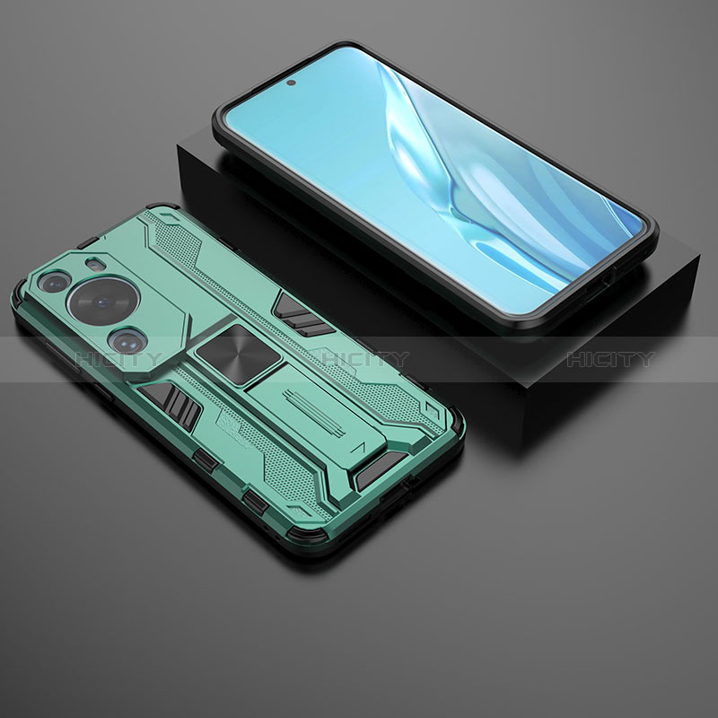 Custodia Silicone e Plastica Opaca Cover con Magnetico Supporto KC2 per Huawei P60 Art Verde