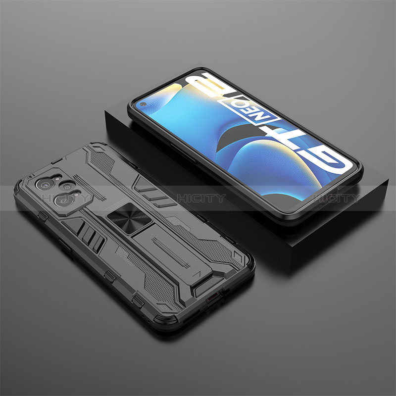 Custodia Silicone e Plastica Opaca Cover con Magnetico Supporto KC2 per Realme GT Neo 3T 5G Nero