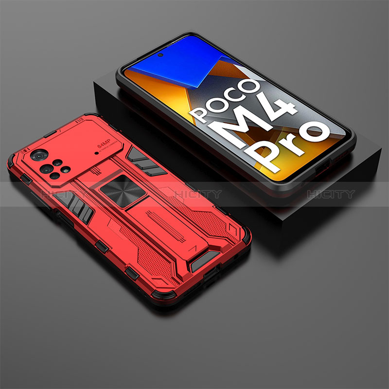 Custodia Silicone e Plastica Opaca Cover con Magnetico Supporto KC2 per Xiaomi Poco M4 Pro 4G Rosso