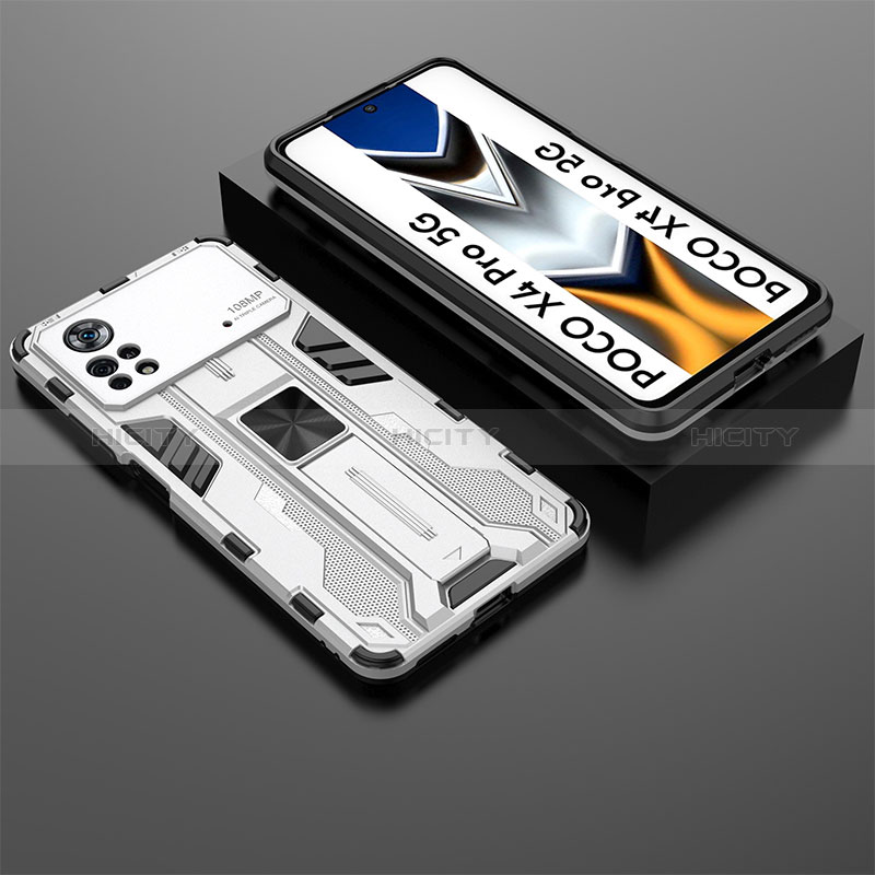 Custodia Silicone e Plastica Opaca Cover con Magnetico Supporto KC2 per Xiaomi Poco X4 Pro 5G Bianco
