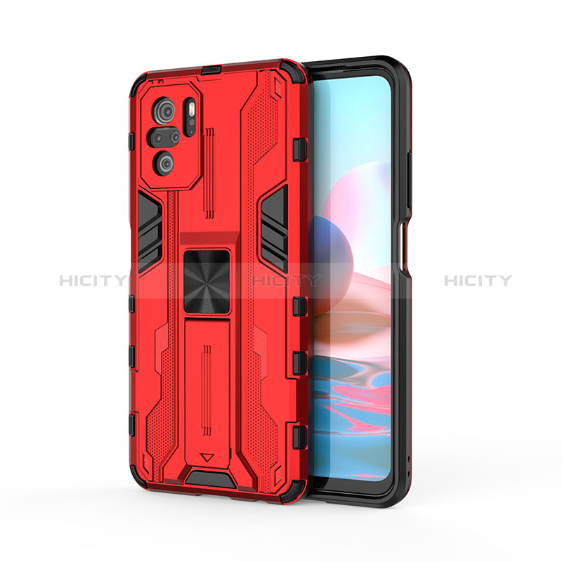 Custodia Silicone e Plastica Opaca Cover con Magnetico Supporto KC2 per Xiaomi Redmi Note 10 4G Rosso