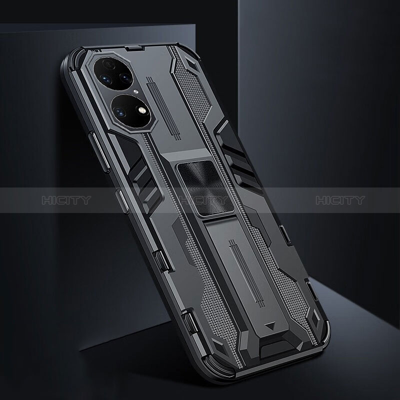 Custodia Silicone e Plastica Opaca Cover con Magnetico Supporto KC3 per Huawei P50 Nero