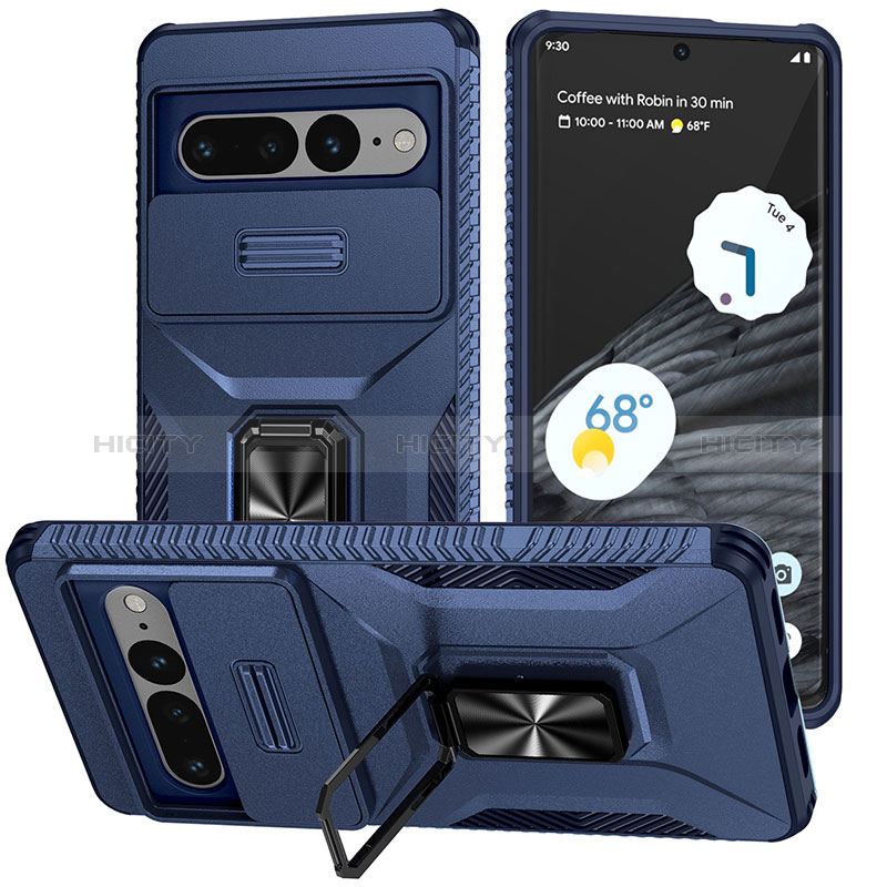 Custodia Silicone e Plastica Opaca Cover con Magnetico Supporto MQ1 per Google Pixel 7 Pro 5G Blu