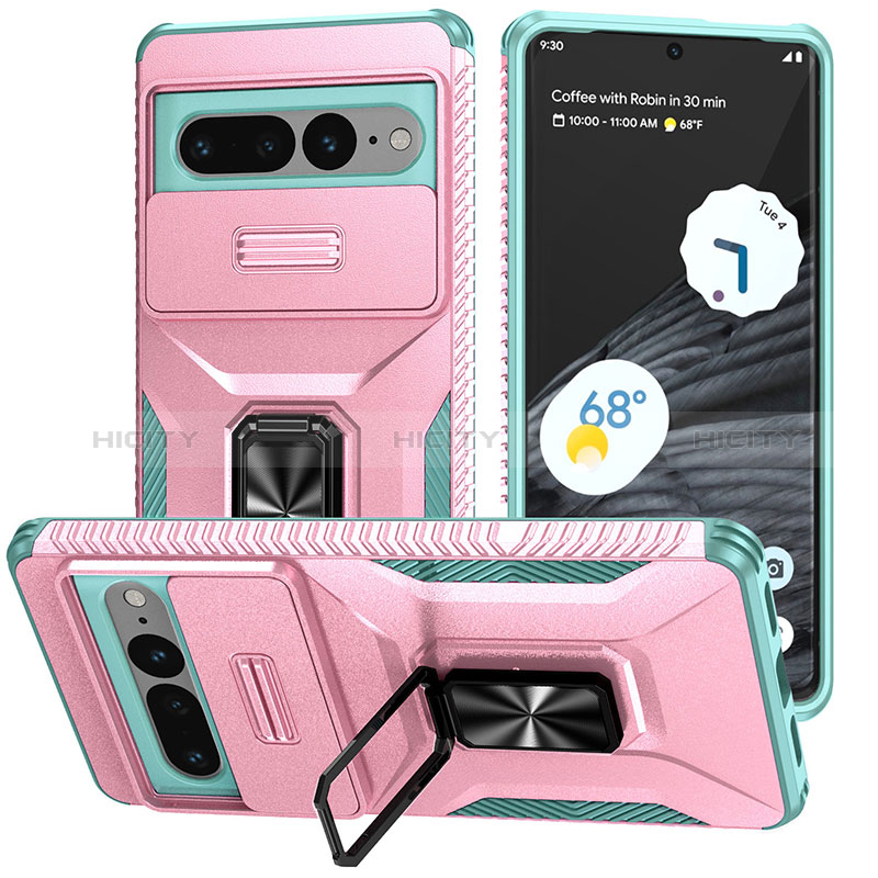 Custodia Silicone e Plastica Opaca Cover con Magnetico Supporto MQ1 per Google Pixel 7 Pro 5G Oro Rosa