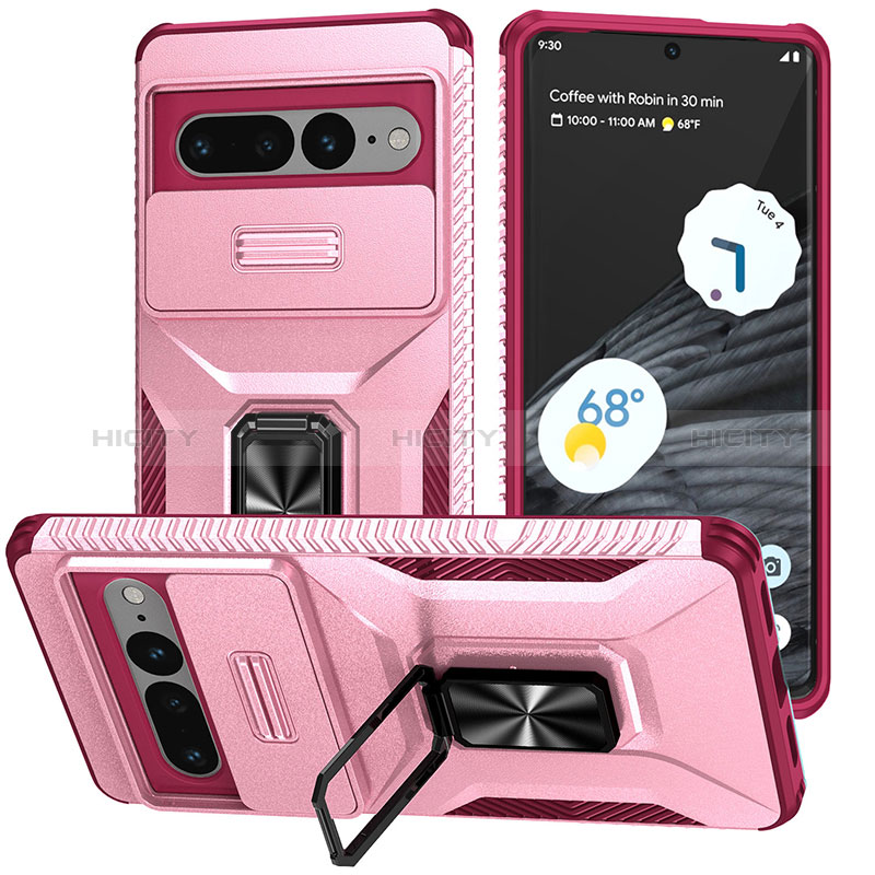 Custodia Silicone e Plastica Opaca Cover con Magnetico Supporto MQ1 per Google Pixel 7 Pro 5G Rosa Caldo