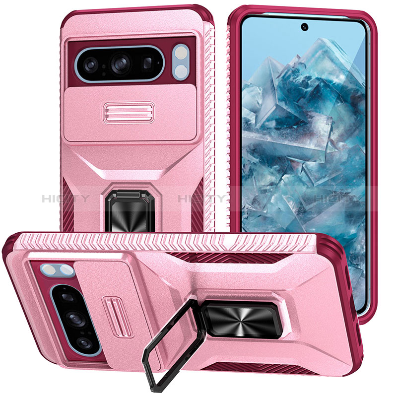 Custodia Silicone e Plastica Opaca Cover con Magnetico Supporto MQ1 per Google Pixel 8 Pro 5G Rosa Caldo