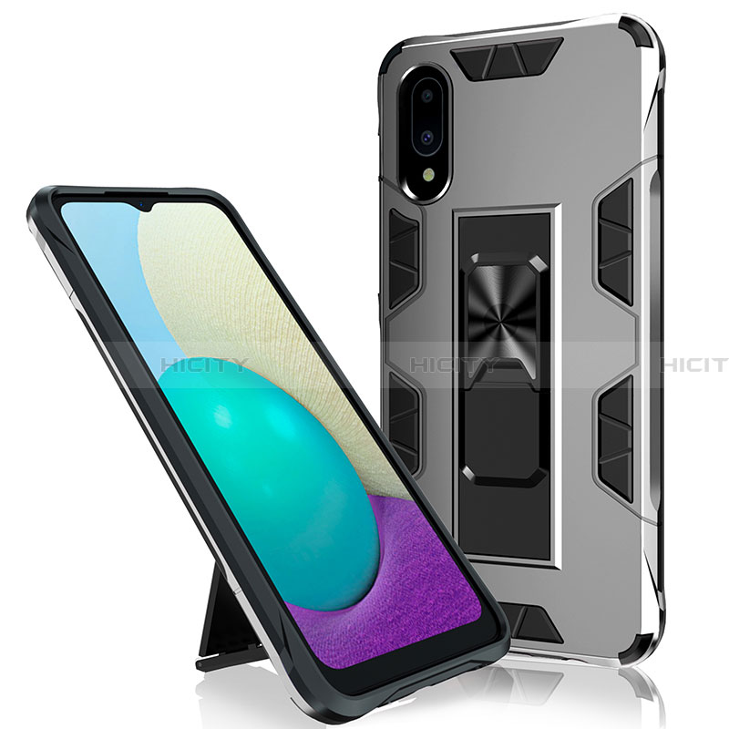 Custodia Silicone e Plastica Opaca Cover con Magnetico Supporto MQ1 per Samsung Galaxy A02 Argento