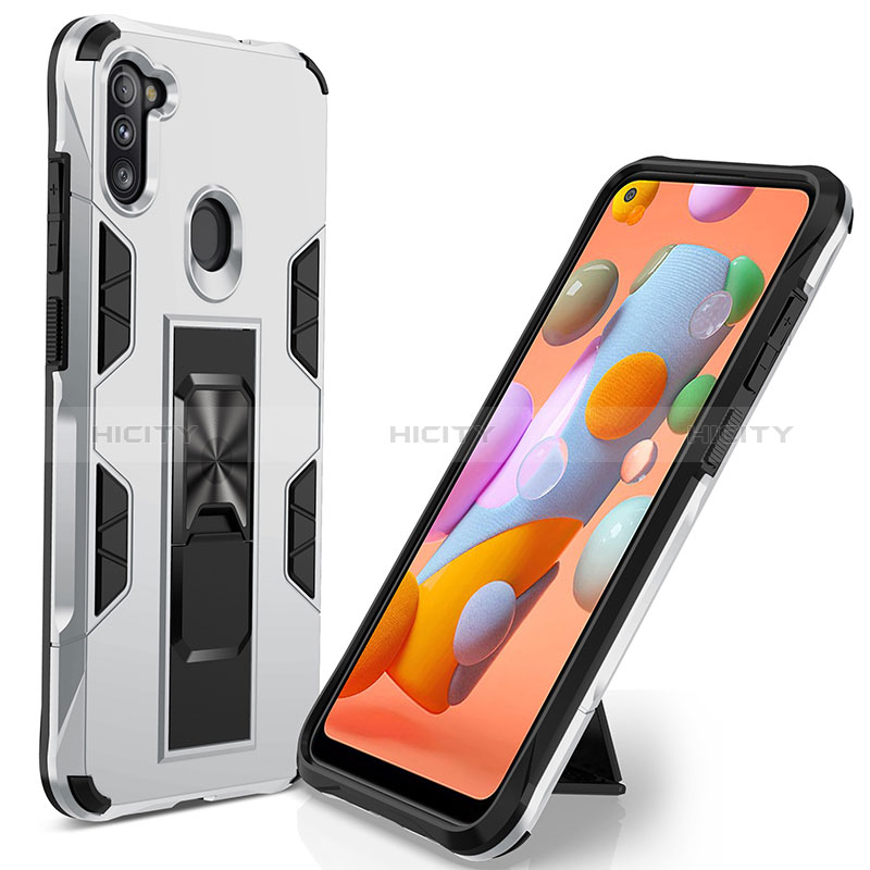 Custodia Silicone e Plastica Opaca Cover con Magnetico Supporto MQ1 per Samsung Galaxy A11 Argento